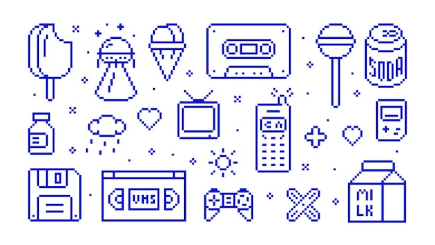 Vector set of retro icons of the 8090s vector illustration in pixel style