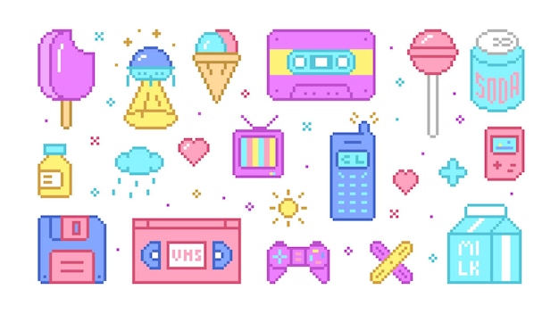 Set of retro icons of the 8090s Vector illustration in pixel style