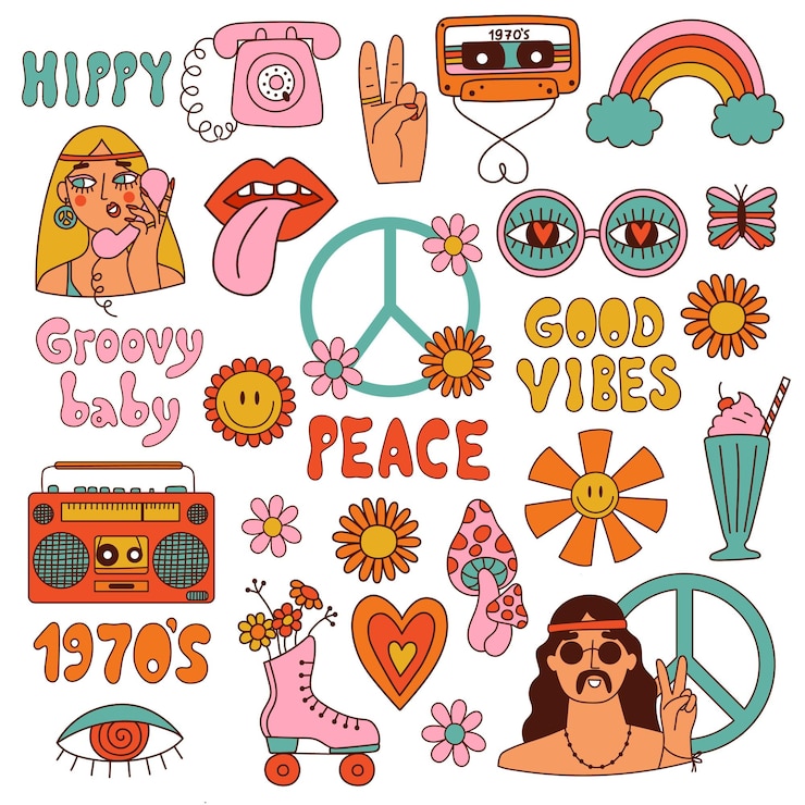 Vector set retro jaren 70 groovy elementen. hippe collectie. vector illustratie