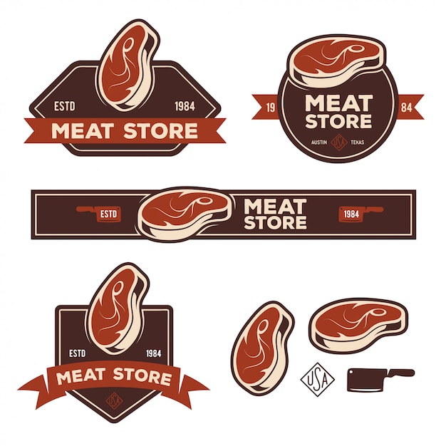 Set di etichette retrò badge emblemi per negozio di carne o macelleria