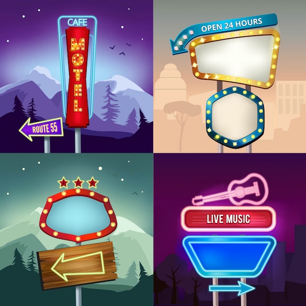 Set of retro of landscape with lighting neon banners for advertise, board for motel andhop