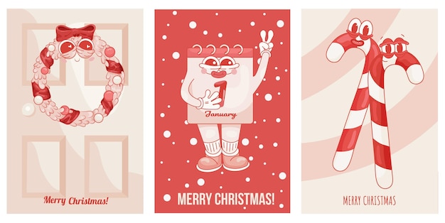 Set di cartoline natalizie retrò di capodanno con personaggi dei cartoni animati personaggi dei cartoni animati vintage groovy