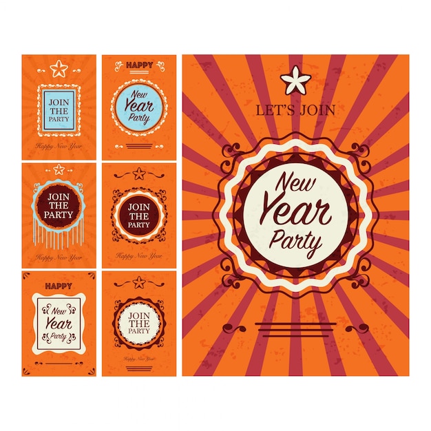 Set di retro partito di nuovo anno poster e collezione di cartoline d'auguri