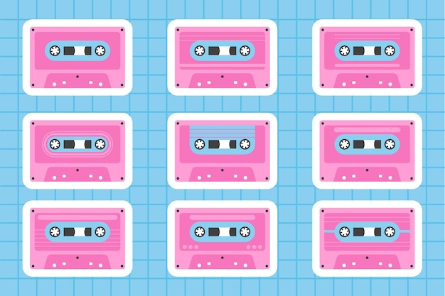 Set retro pink cassettes. Y2K, 90s style stickers with contour.