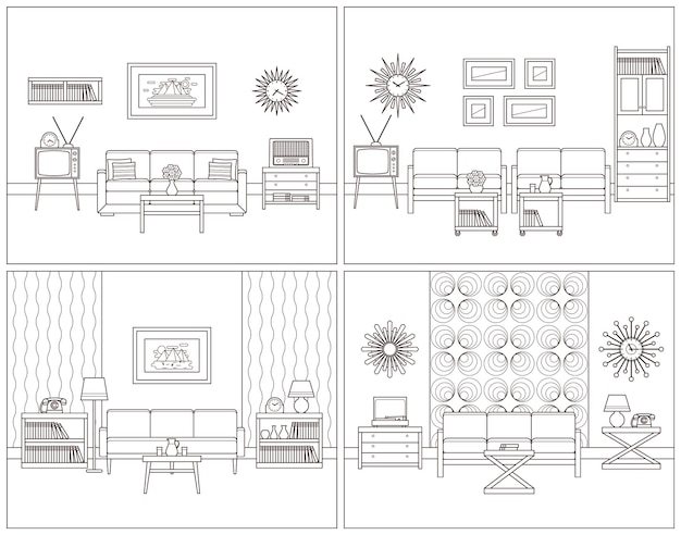 Установите интерьер комнат в стиле ретро в плоском дизайне. линейные векторные иллюстрации.
