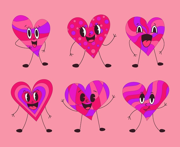 Set di personaggi in stile retro a forma di cuore illustrazione vettoriale