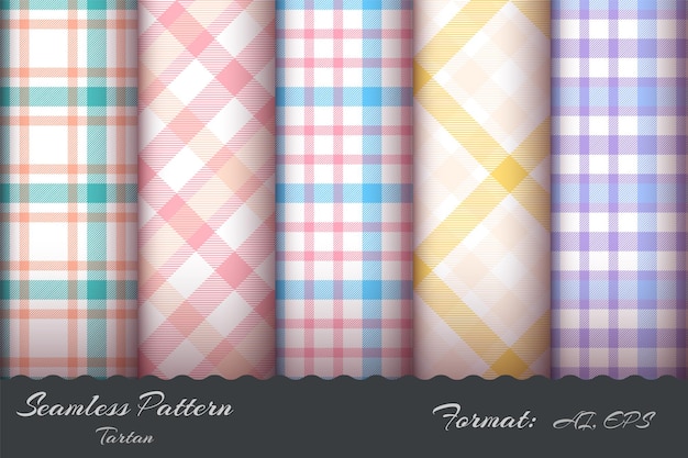 Set Retro Tartan Seamless Pattern Hand draw