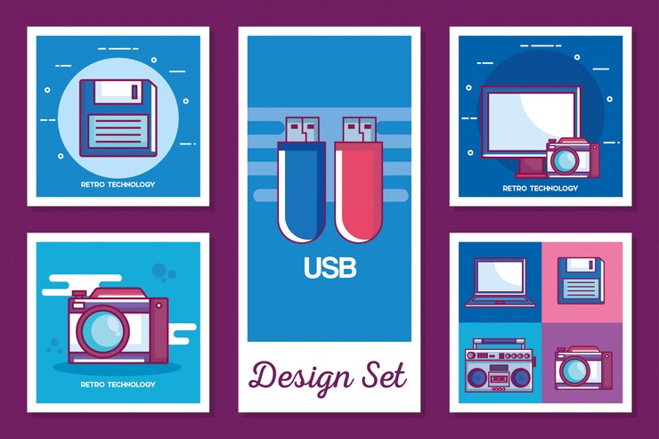 Vector set of retro technology cards