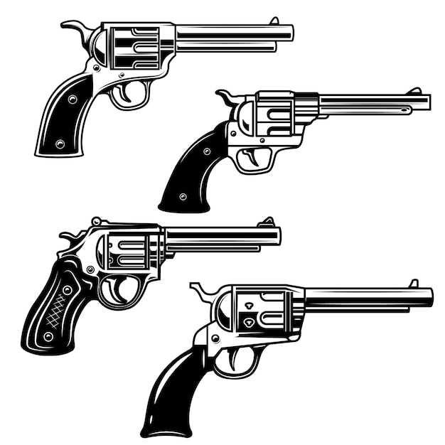 白い背景の上の拳銃のセット。ロゴ、ラベル、エンブレム、記号の要素。画像