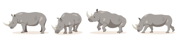 Set di rinoceronti in diverse angolazioni ed emozioni in stile cartone animato illustrazione vettoriale di animali africani erbivori isolati su sfondo bianco