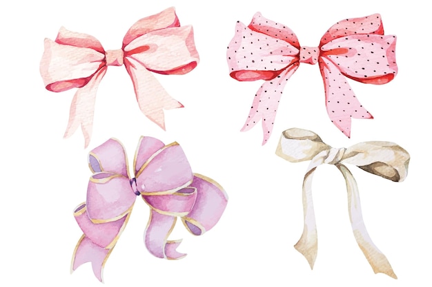 Vector set ribbon bows watercolor for festive seasondecorate gifts and invitation cards