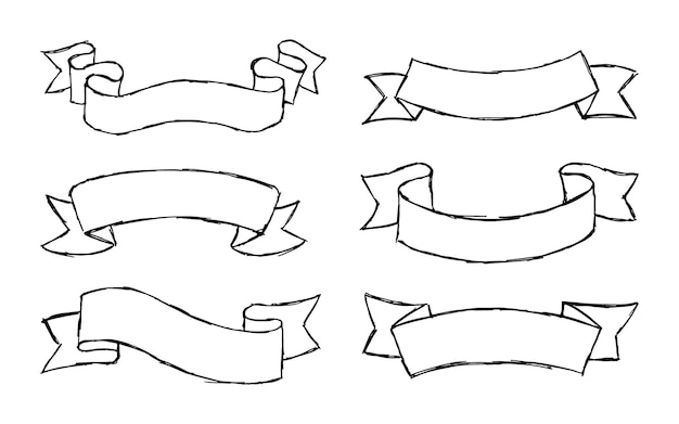 ヴィンテージとモダンなデザインのリボン手描きスケッチ ベクトル図のセット