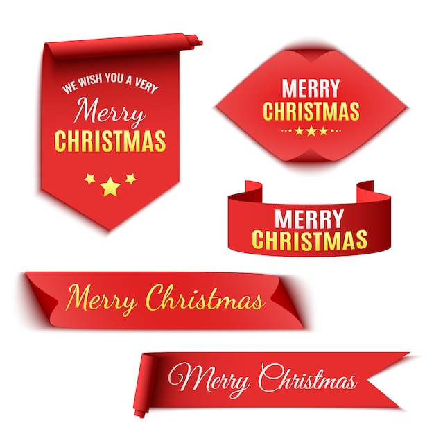 Vector set of ribbons and paper scrolls with merry christmas message