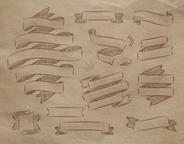 Vector set ribbons in vintage style stylized drawing on kraft paper