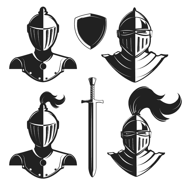 Set ridders helmen geïsoleerd op een witte achtergrond. Ridderzwaard en schild. Ontwerpelementen voor logo, label, embleem, teken, badge, merkmarkering.