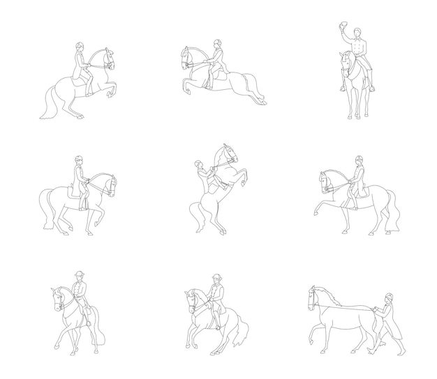 Set of riders and horses on the theme of classical dressage vector outline