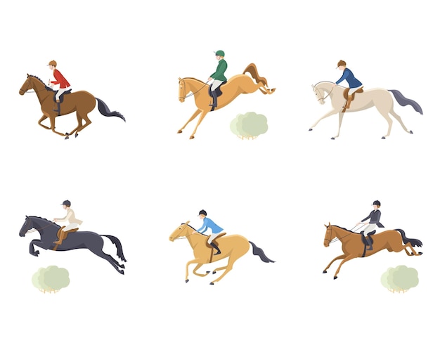 Vettore insieme dei cavalieri e dei cavalli sul tema dell'illustrazione piana di vettore di caccia del cavallo