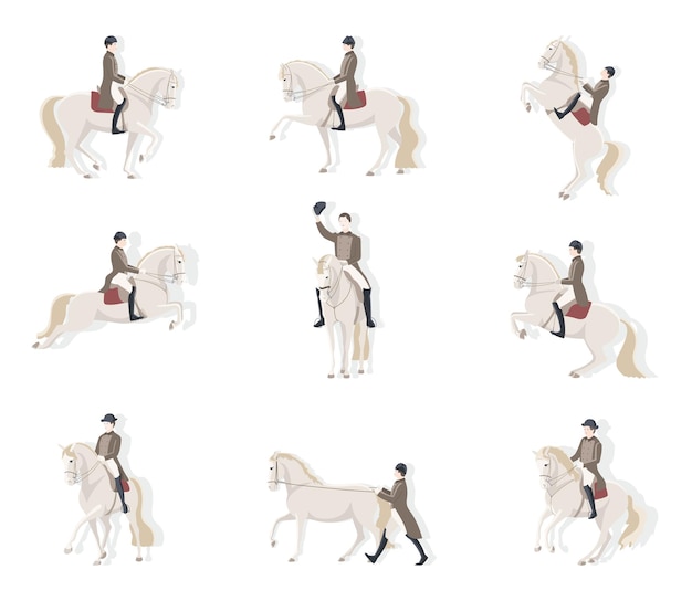 Vector set of riders on a white horses classic dressage