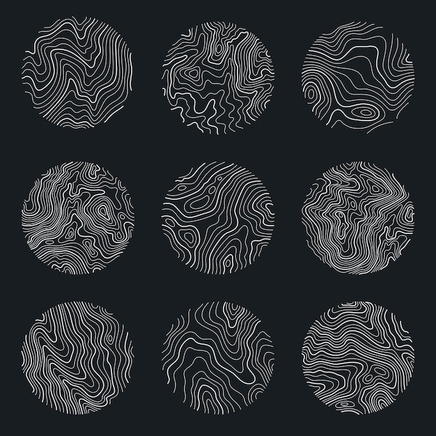 Set rings of topographic line map wood rings vector line circle