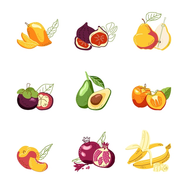 Set ripe juicy fruits Mango fig pear avocado persimmon pomegranate bananas