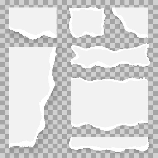 破れた紙のストライプ、破れた部分のセット。テキストのためのスペースを持つ白とグレーの現実的な水平紙片。