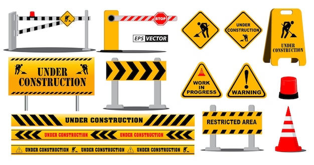 Set of road barrier highway sign or under construction site warning or barricade block highway street concepts. eps vector