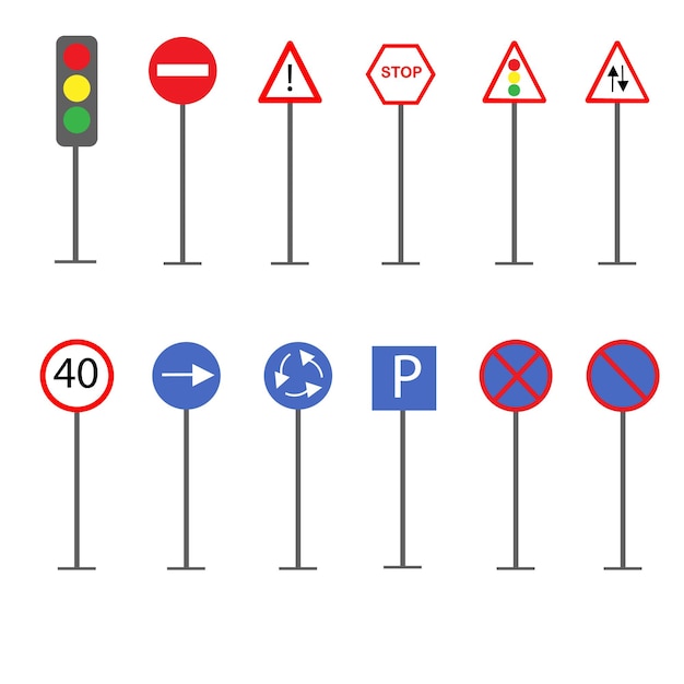 Set of road signs and traffic lights on a white background