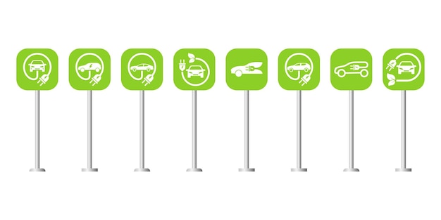 Set of road signs with car charging station Place for electric vehicle Eco parking with socket