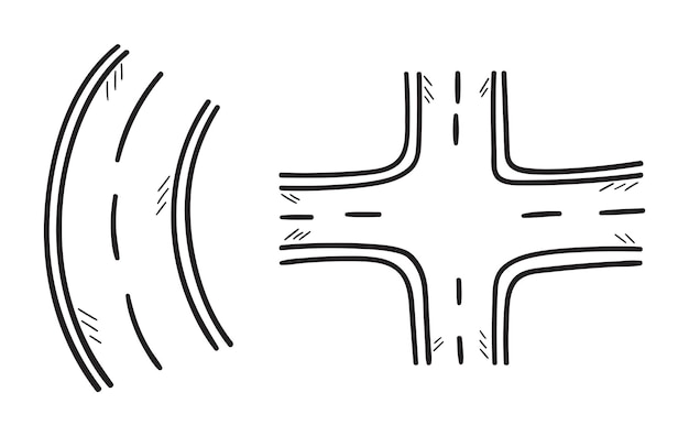 낙서 스케치 라인 평면도의 도로 세트 만화 유치한 스타일 손으로 그린 벡터 일러스트 레이 션