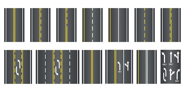 Set of roads with various white and yellow markings Top View Seamless Road Types Highway Vector