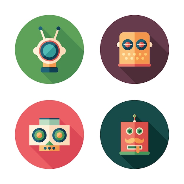 Set of robot heads flat round icons with long shadows.