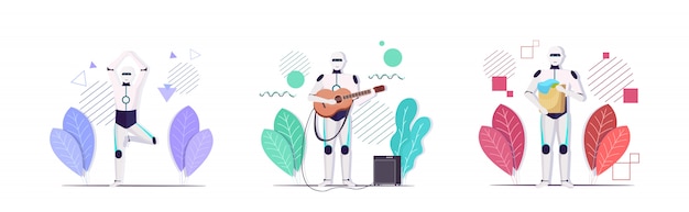 set robot standing asana pose holding laundry basket playing guitar artificial intelligence technology concepts collection horizontal full length