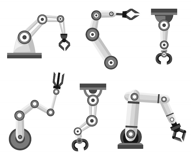Vettore set di bracci robotici. produzione di bracci robotici. icona di stile. illustrazione su sfondo bianco