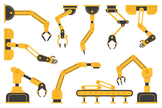 Set of robotic hand tools or industrial welding robots in a factory of a production line manufacturer. Manufacturing industry mechanical robot arm, machinery technology, factory machine hands.  .