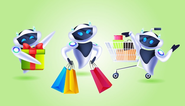 Impostare robot che tengono borse della spesa e regali offerta speciale shopping vendita intelligenza artificiale concetto orizzontale illustrazione vettoriale