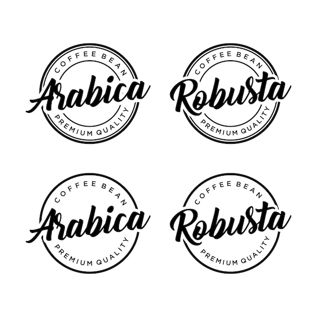 Vector set of robusta arabica coffee bean logo handwritten lettering with label badge emblem design