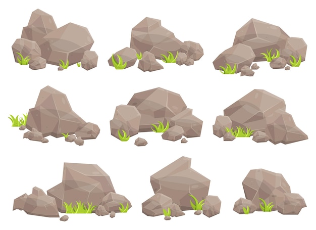 Vector set of rock stones and boulders in cartoon style