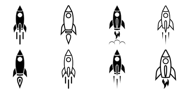 Vettore insieme delle icone di vettore del razzo. lancia un'astronave o un'astronave. razzo che vola veloce per lo spazio.