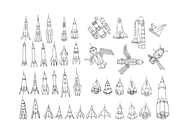 Набор ракет, шаттлов, модулей космического корабля телескопа Хаббла, каракулей с контурными линиями, черными чернилами