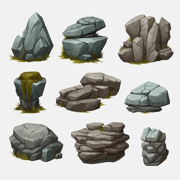 Vector a set of rocks and stones with a palm tree game background