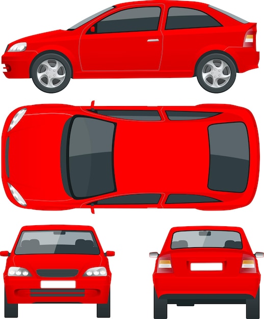 Set rode sedan auto's. Geïsoleerde auto, sjabloon voor autobranding en reclame. Voor, achter, zijkant, boven Verander de kleur in één klik Alle elementen in groepen op aparte lagen