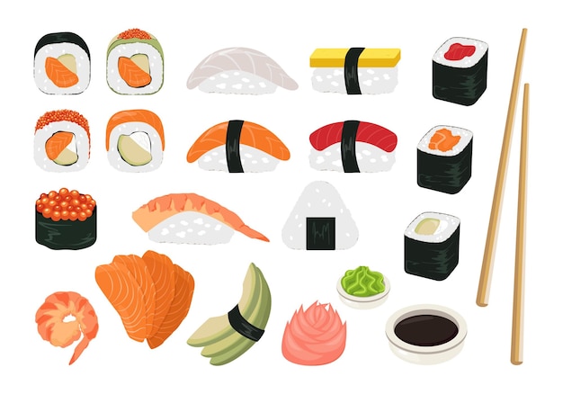 Set of rolls and sushi in flat design