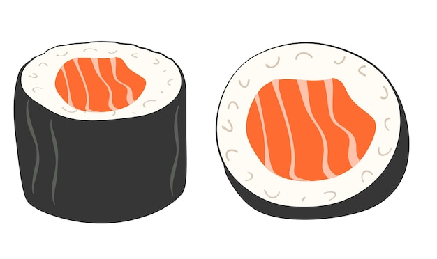 Vector set of rolls with salmon, side and top view