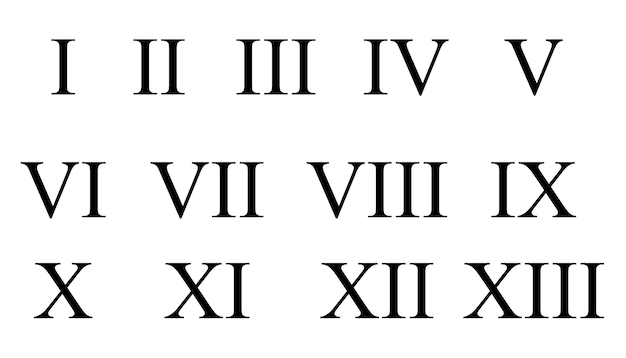 白い背景に分離されたローマ数字のセット ローマ数字のアイコンセット 1から13までの数字