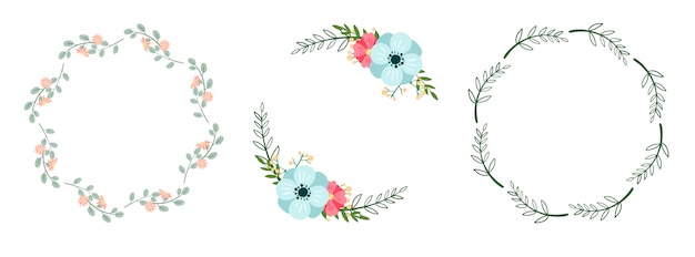 Vector set of romantic botanical wreaths isolated on white. floral frames.