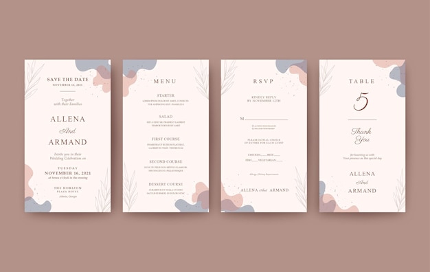 Set of romantic and elegant vertical wedding invitation for mobile