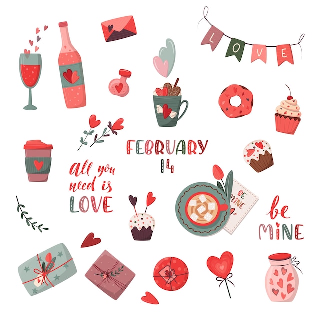 Vector set of romantic elements for valentine's day, birthday or wedding