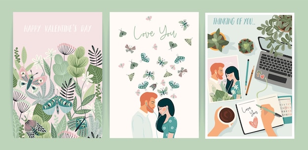 Set di illustrazioni romantiche uomo e donna amore relazione storia d'amore concetto di design vettoriale per san valentino e altro