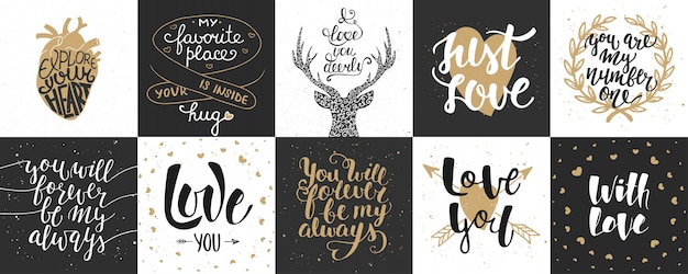 Vector set of romantic and love hand drawn lettering