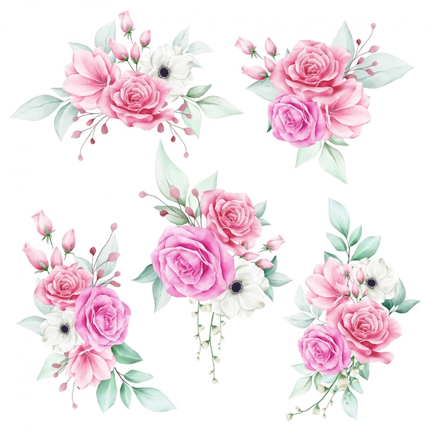 set of romantic watercolor floral bouquet